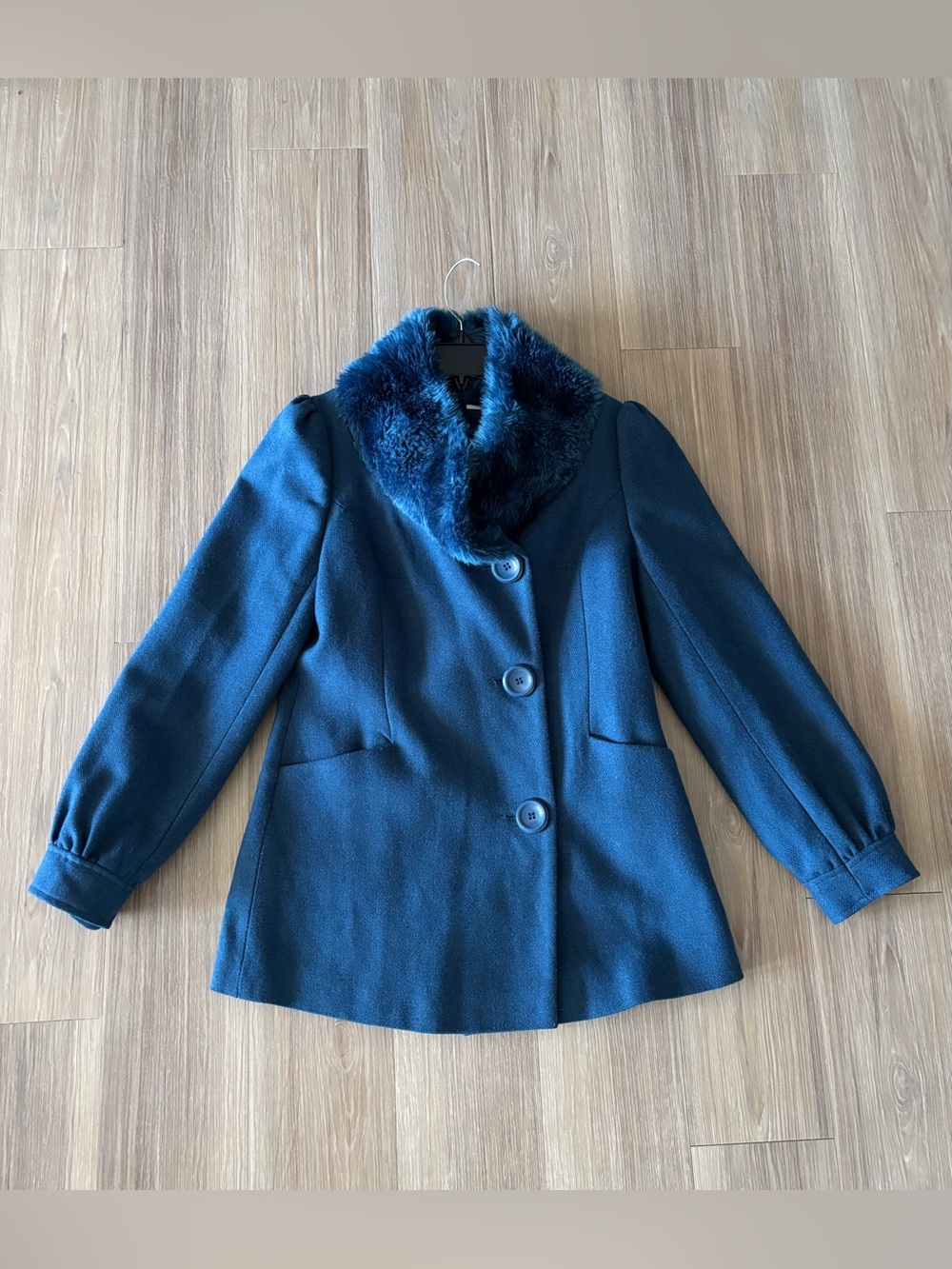 Vintage Pea Coat Teal Blue Wool Faux Fur Trim Herringbone Womens 8 Preppy Retro